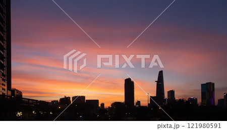 Bitexco and Landmark 81 at Sunset in Ho Chi Minh City with Saigon Bridge and Scenic View. High quality photo 121980591