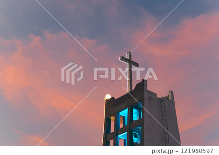 Binh An Church at Sunset with Blue and Pink Sky Creating a Peaceful Atmosphere 121980597