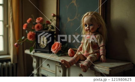 Creepy Doll with big eyes 121980625