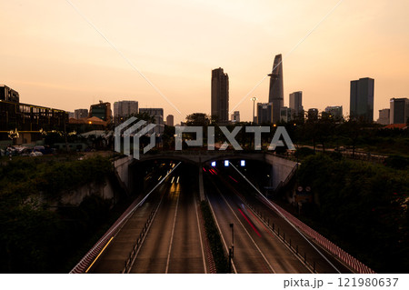 Bitexco and Landmark 81 at Sunset in Ho Chi Minh City with Saigon Bridge and Scenic View 121980637