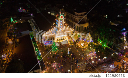 Binh An Church at Christmas Aerial Flycam View with Stunning Festive Lighting 121980638