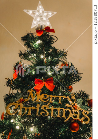Handmade Wooden Christmas Nativity Scene with Lights and Pine Tree Festive Holiday Decor and Warm Wishes. High quality photo 121980713