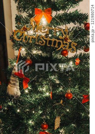Handmade Wooden Christmas Nativity Scene with Lights and Pine Tree Festive Holiday Decor and Warm Wishes. High quality photo 121980714
