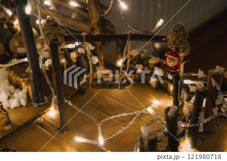 Handmade Wooden Christmas Nativity Scene with Lights and Pine Tree Festive Holiday Decor and Warm Wishes. High quality photo 121980718