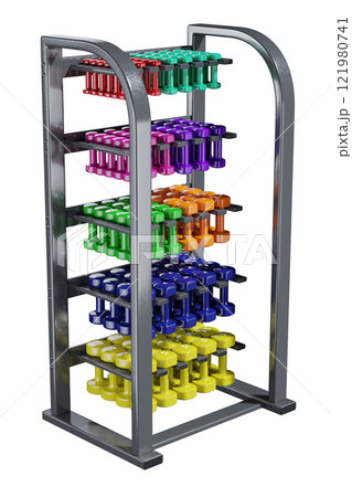 Gym Dumbbell rack with colorful dumbbells, weightlifting gym equipment stand Gym Dumbbell rack with colorful dumbbells, weightlifting gym equipment stand 121980741