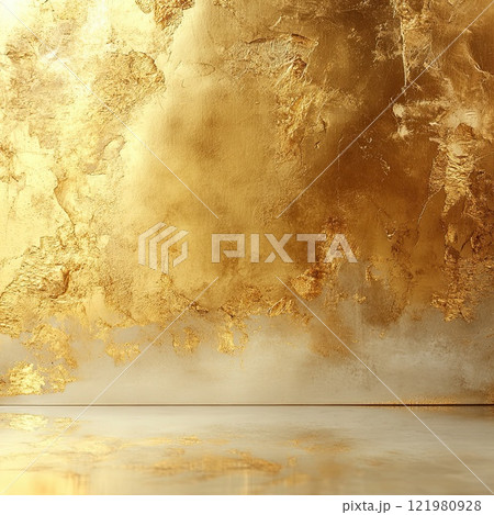 A beautifully textured wall with golden shades reflects light, creating a warm ambiance. The polished surface enhances the luxurious feel, ideal for elegant settings or displays. 121980928