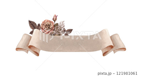 Beige empty paper ribbon banner with pink roses and green leaves. Watercolor illustration template for wedding design, Valentine's Day greeting, sticker, menu, scrapbook, header, announcement Beige empty paper ribbon banner with pink roses and green leaves. Watercolor illustration template for wedding design, Valentine's Day greeting, sticker, menu, scrapbook, header, announcement 121981061