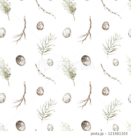 Seamless Pattern with Easter eggs and willow branches. Watercolor illustration of spring background for holiday wrapping paper or textile design. Drawing of floral ornament with delicate branches. 121981103