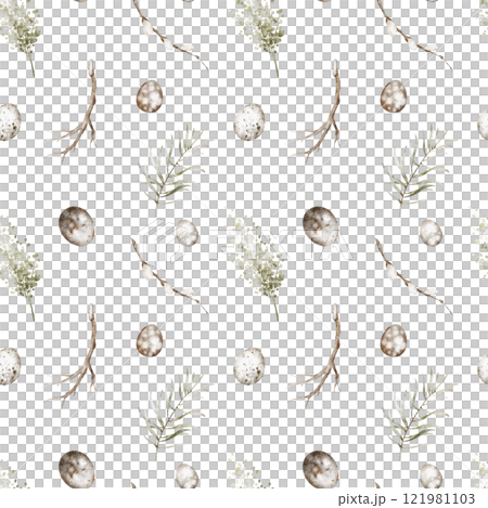 Seamless Pattern with Easter eggs and willow branches. Watercolor illustration of spring background for holiday wrapping paper or textile design. Drawing of floral ornament with delicate branches. 121981103