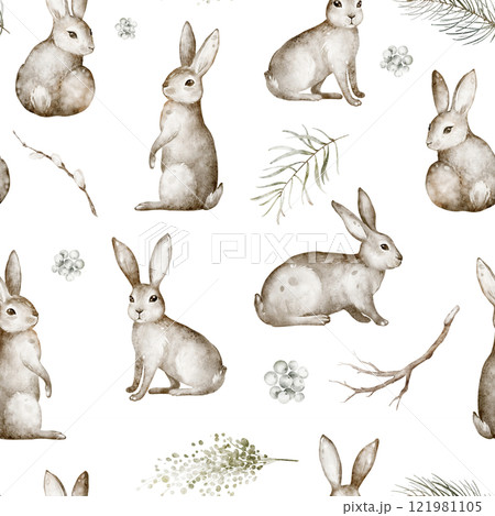 Watercolor seamless pattern featuring cute bunnies and rabbits. Perfect for children's decor, textiles, or wrapping paper. Design for Easter-themed products and nursery wallpaper. 121981105