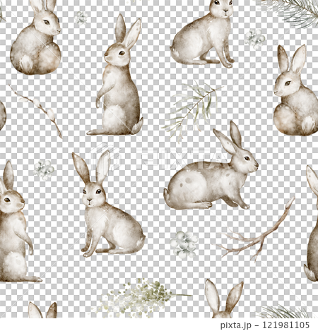 Watercolor seamless pattern featuring cute bunnies and rabbits. Perfect for children's decor, textiles, or wrapping paper. Design for Easter-themed products and nursery wallpaper. 121981105