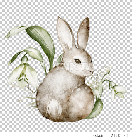 Watercolor bunny illustration with spring flowers. Hand-drawn artwork of a cute rabbit surrounded by snowdrops. For greeting cards, invitations, and Easter-themed designs. For nursery decorations. 121981106