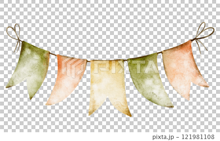 Bunting hanging garland Flag. Watercolor illustration of triangular garland in green and orange colors. Drawing of pennants for Baby shower party greeting cards or St. Patrick's day invitation cards. Bunting hanging garland Flag. Watercolor illustration of triangular garland in green and orange colors. Drawing of pennants for Baby shower party greeting cards or St. Patrick's day invitation cards. 121981108