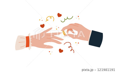 Marriage proposal and wedding concept. A man puts a ring on a woman's finger. Marriage proposal and wedding concept. A man puts a ring on a woman's finger. 121981191