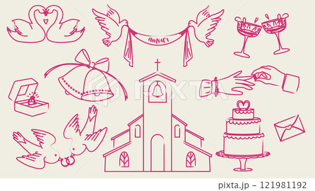 A set of illustrations for a retro-style wedding. Vintage ink wedding elements A set of illustrations for a retro-style wedding. Vintage ink wedding elements 121981192