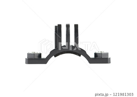 Black plastic fitting with metal thread on white background. 121981303