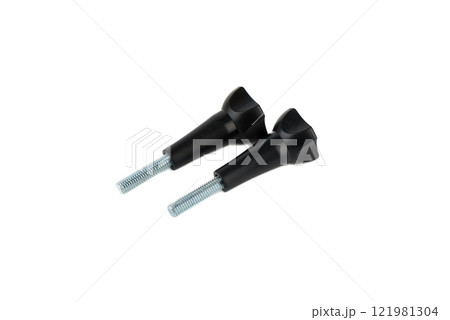 Two metal screws with black plastic holders. 121981304