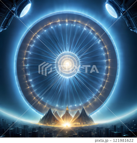 Futuristic Cityscape with Glowing Circular Structure at Night 121981622