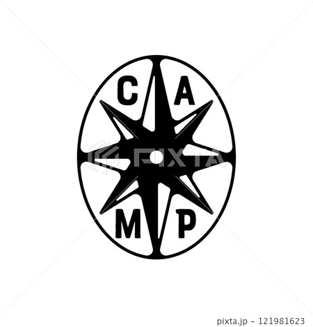 Camping silhouette badge design. Adventure logo graphics. Outdoor nature label monochrome. Stock hiking artwork 121981623