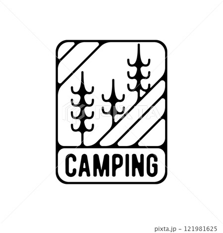 Camping silhouette badge design. Adventure logo graphics. Outdoor nature label monochrome. Stock hiking artwork Camping silhouette badge design. Adventure logo graphics. Outdoor nature label monochrome. Stock hiking artwork 121981625
