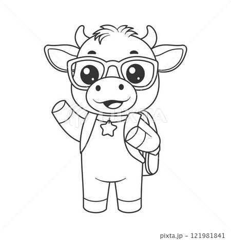 Cute cow wearing glasses, and backpack for coloring 121981841