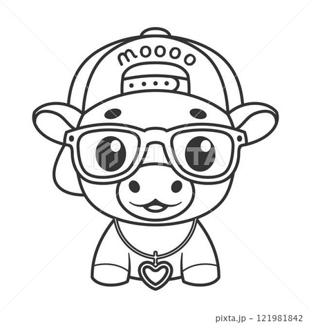 Cute cow wearing hat and necklace for coloring 121981842