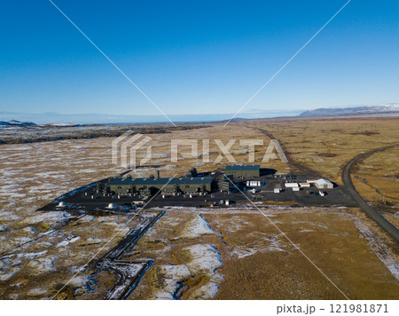 Aerial of industrial facility capturing carbon in the snowy volcanic landscape of Hellisheidi, Iceland highlights cutting edge technology aimed at promoting sustainability and environmental Aerial of industrial facility capturing carbon in the snowy volcanic landscape of Hellisheidi, Iceland highlights cutting edge technology aimed at promoting sustainability and environmental 121981871