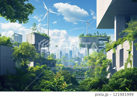 Illustration of a futuristic city powered by wind turbines, with lush greenery and modern architecture. The composition captures the harmony between technology and nature. 121981999