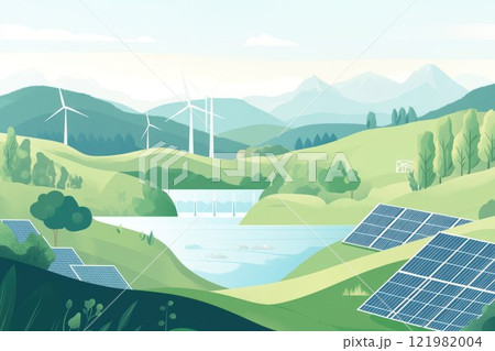 Illustration of a landscape featuring various sustainable energy sources, such as wind turbines, solar panels, and hydroelectric dams, set against a backdrop of rolling hills and a clear sky. 121982004