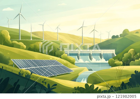 Illustration of a landscape featuring various sustainable energy sources, such as wind turbines, solar panels, and hydroelectric dams, set against a backdrop of rolling hills and a clear sky. 121982005