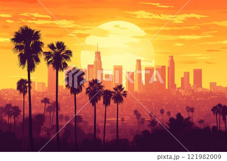 Sunset with palm trees and the city skyline, bathed in golden light. Digital painting. 121982009