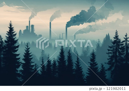 Pine forest covered in factory smoke, with the sky darkened by pollution. The composition highlights the impact of industrialization on nature. 121982011