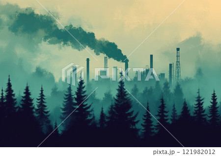Pine forest covered in factory smoke, with the sky darkened by pollution. The composition highlights the impact of industrialization on nature. Pine forest covered in factory smoke, with the sky darkened by pollution. The composition highlights the impact of industrialization on nature. 121982012