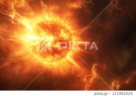 The sun in space, with its powerful rays illuminating the surrounding darkness. 121982024