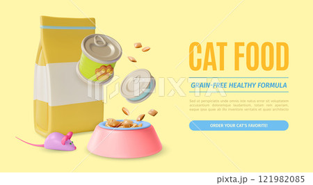 3d Cat Food Pet Shop Concept Ads Banner Promotion Poster Card. Vector illustration of Product Paper Bag, Plate and Mouse Toy 3d Cat Food Pet Shop Concept Ads Banner Promotion Poster Card. Vector illustration of Product Paper Bag, Plate and Mouse Toy 121982085