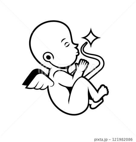 Baby in womb. Pregnancy and health of child. Ultrasound examination procedure. embryo and umbilical cord on screen. Sign with text. Medical emblem for pregnancy center. Monochrome 121982086