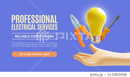 3d Professional Electrical Service Concept Ads Banner Promotion Poster Card. Vector illustration of Human Hand with Floating Light Bulb, Pliers and Screwdriver 121982098