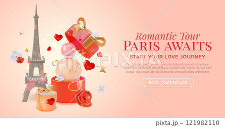 3d Romantic Tour Paris Awaits Travel and Tourism Concept Ads Banner Poster Card. Vector illustration of Tower with Perfume Bottle and Gift Box 121982110