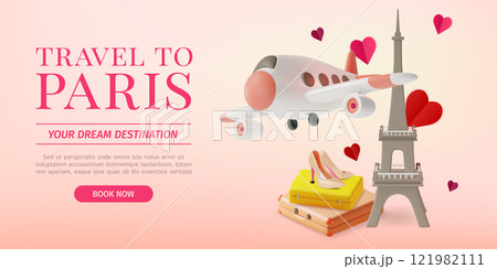3d Travel and Tourism to Paris Concept Ads Banner Poster Card. Vector illustration of Tower with Plane and High Heels 3d Travel and Tourism to Paris Concept Ads Banner Poster Card. Vector illustration of Tower with Plane and High Heels 121982111