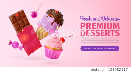 3d Fresh and Delicious Premium Desserts Concept Ads Banner Poster Card. Vector illustration of Candy, Cupcake, Ice Cream and Chocolate. 121982117