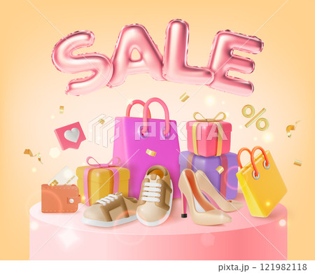 3d Sale Clothing and Shoes Concept Ads Banner Poster Card. Vector illustration of Podium Scene and Paper Bag 121982118