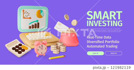 3d Smart Investing Financial and Banking Services Concept Ads Banner Poster Card. Vector illustration of Laptop with Calculator and Purse Wallet 121982119