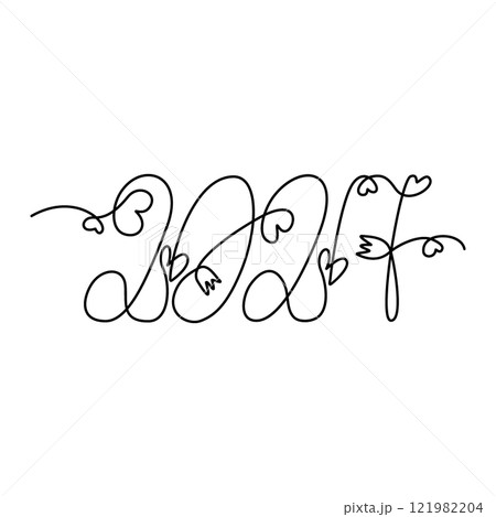 2027 Hand drawn lettering with decorative hearts and flowers. One continuous line New Year greeting 121982204