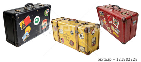 One of three suitcases has a sticker that says Italy 121982228