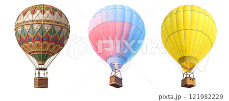 There are three hot air balloons of different colors on a white background 121982229