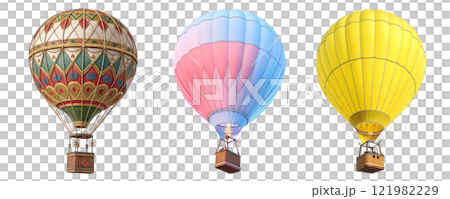 There are three hot air balloons of different colors on a white background 121982229