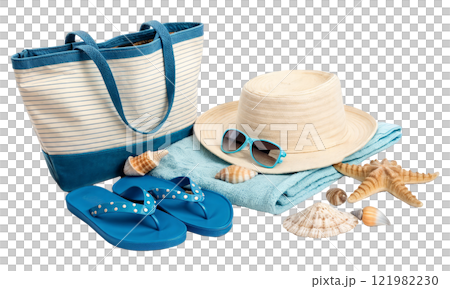 Beach bag, hat, sunglasses, flip flops, towel, and seashells Beach bag, hat, sunglasses, flip flops, towel, and seashells 121982230