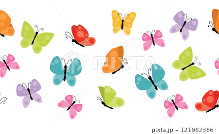 Cute colorful spring or summer butterflies seamless border isolated on white background. Summer flying insects design element. 121982386