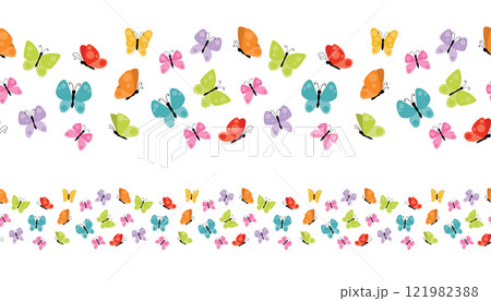 Cute colorful spring or summer butterflies seamless border isolated on white background. Summer flying insects design element. 121982388