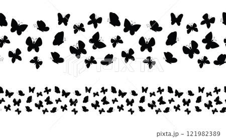 Cute black silhouette of spring or summer butterflies seamless border isolated on white background. Summer flying insects design element. 121982389